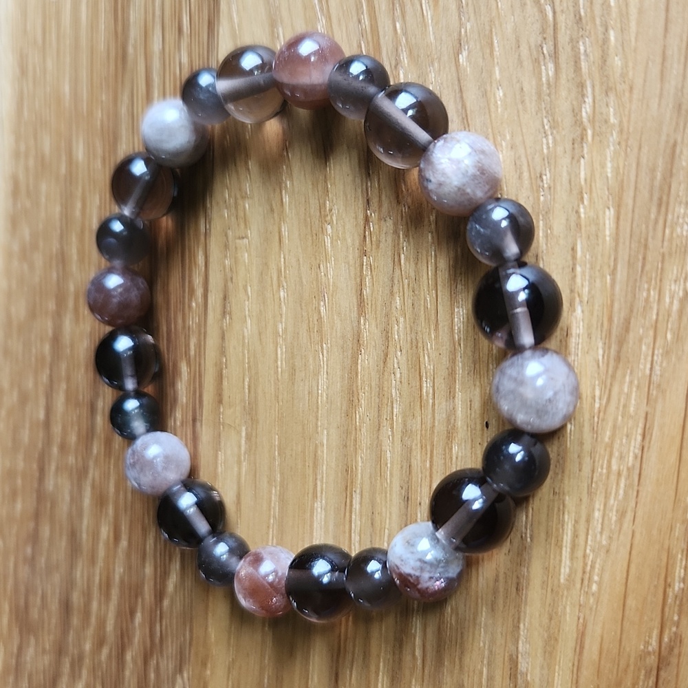 Fire Sunstone, Smoky Quartz & Ice Obsidian Bead Stretch Bracelet, Hand Crafted - Picture 5 of 9